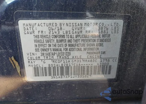 2018 Nissan Sentra S z USA, uszkodzony, nr VIN 3N1AB7AP1JY331229